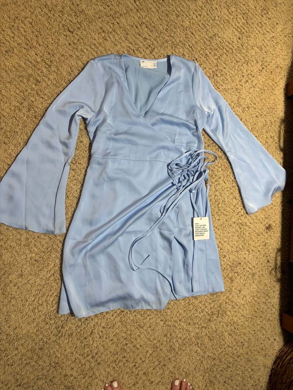 ASOS DESIGN Maternity Satin Wrap Mini Dress with Flare Sleeves in Light Blue